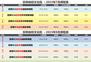 安琳咖啡文化院 课程表（2023年07月-2023年09月）